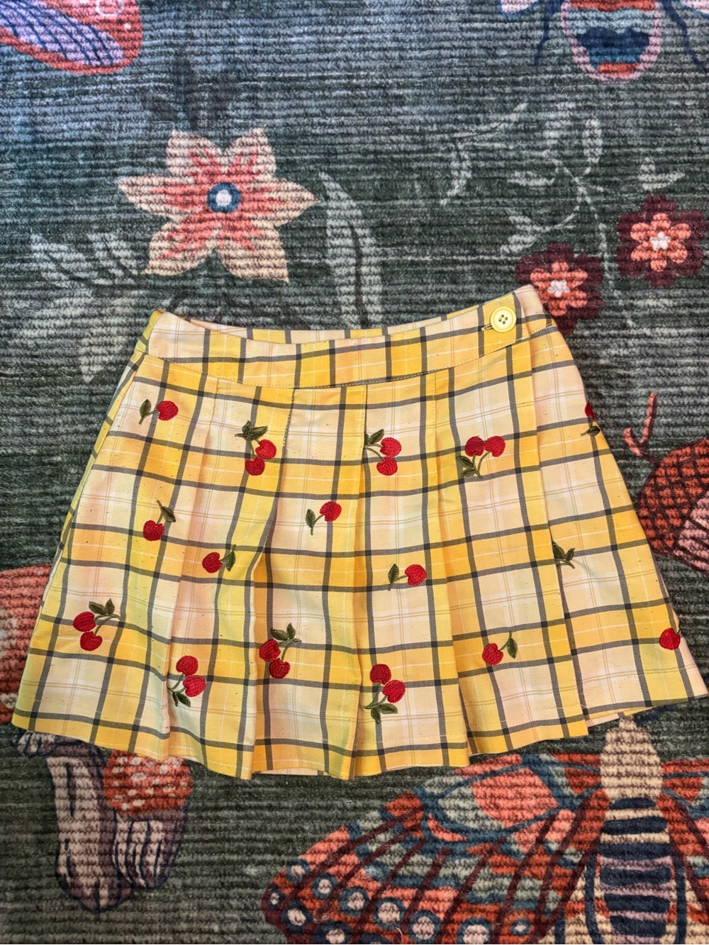 Forever 21 Yellow Plaid Mini Skirt with Red Cherry Embroidery